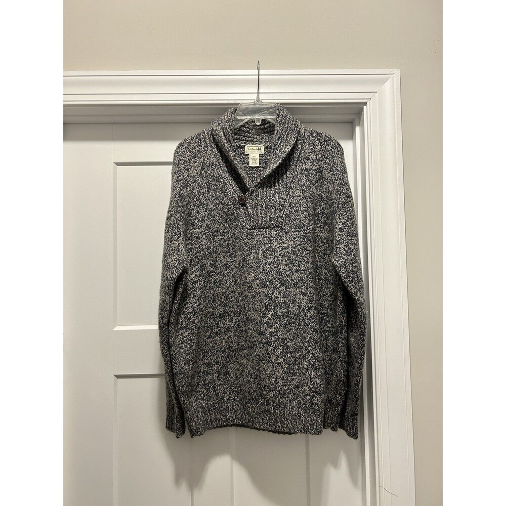 Vintage L.L. BEAN Men's XL Wool Blend Pullover Shawl Button Collar Sweater Blue